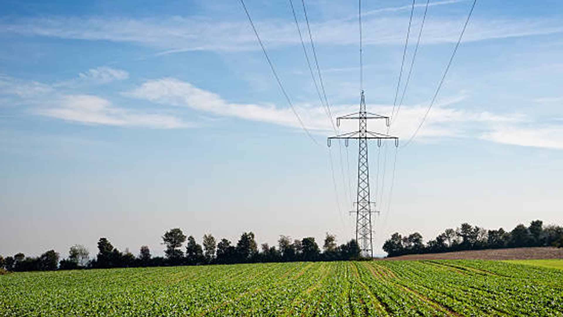 Transmission towers and power lines in agricultural fields.